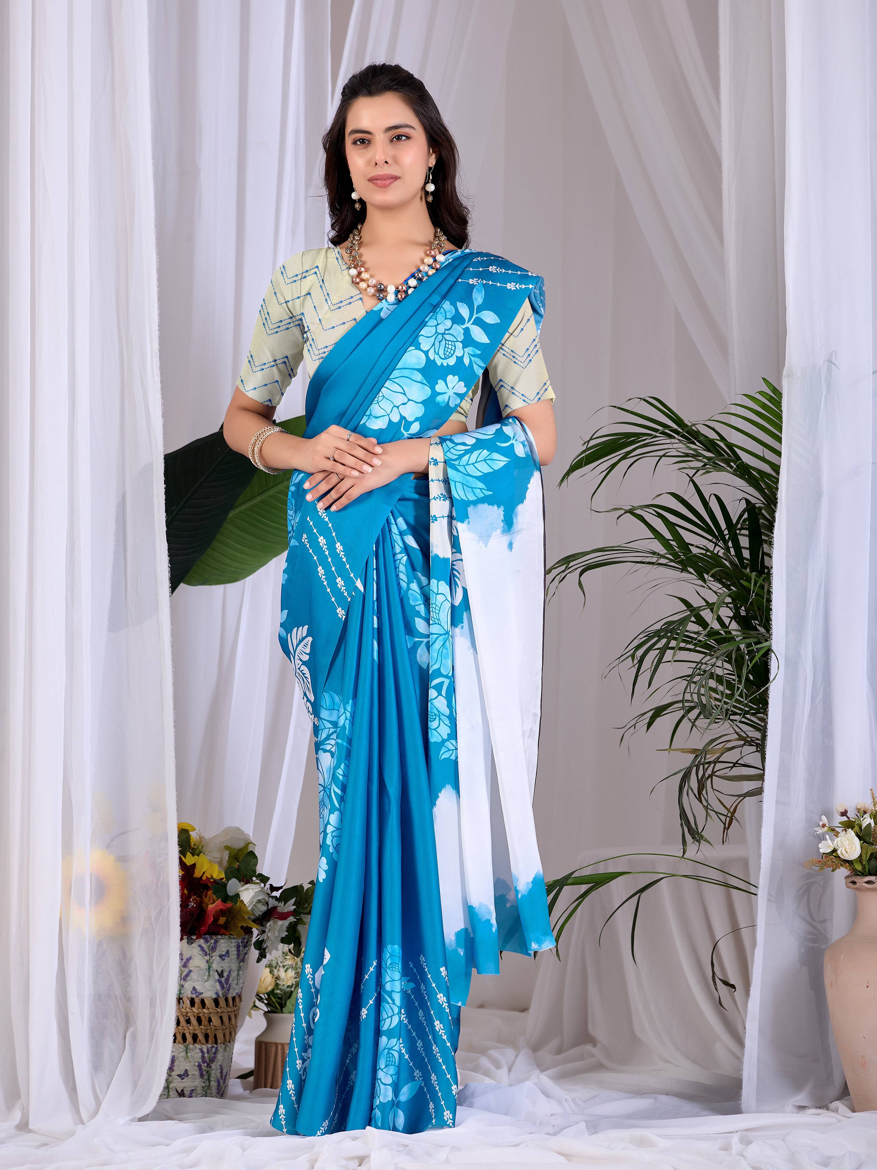 Aastha Fashion Teal Blue Soft Satin Georgette Printed Saree - Distacart