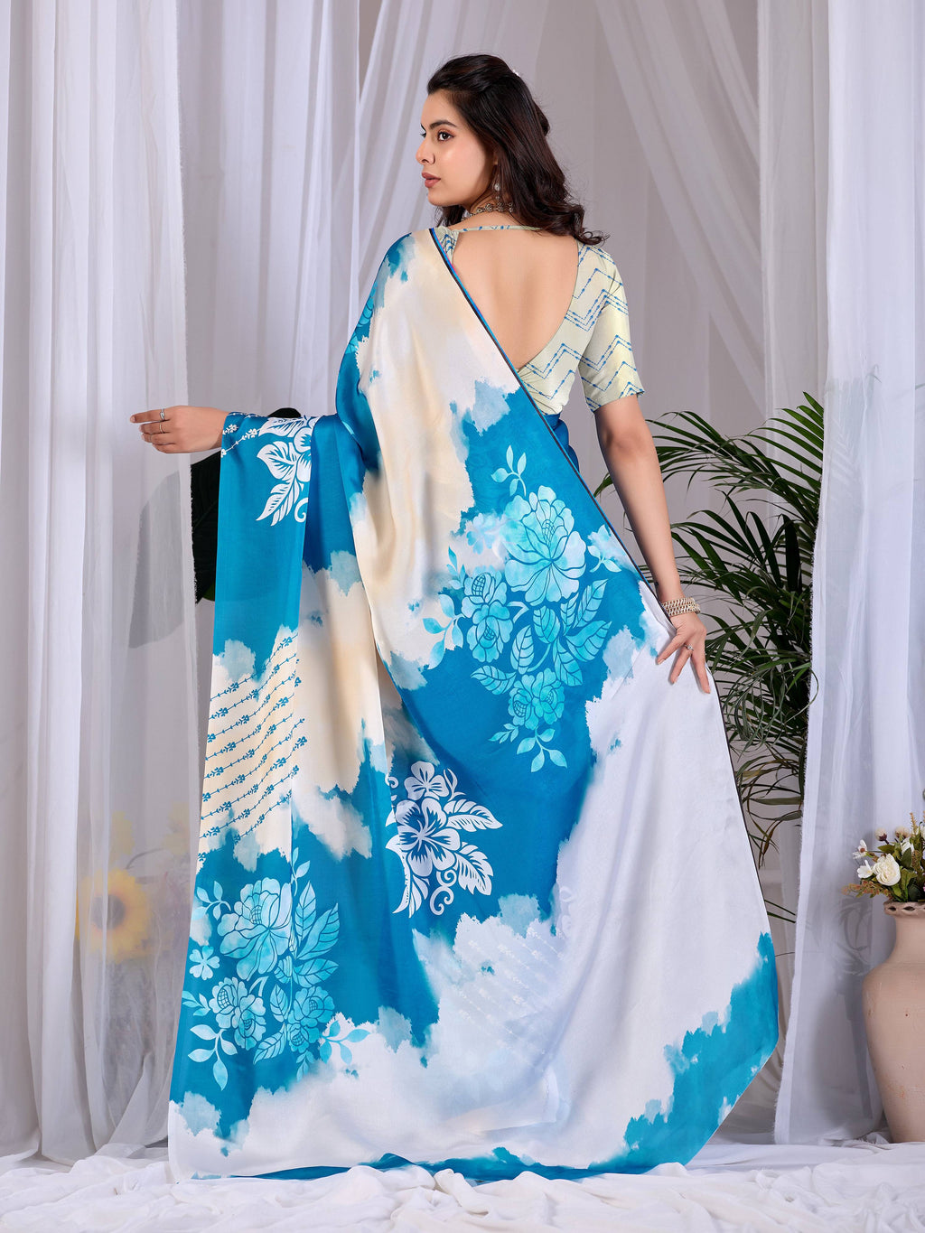 Aastha Fashion Teal Blue Soft Satin Georgette Printed Saree - Distacart