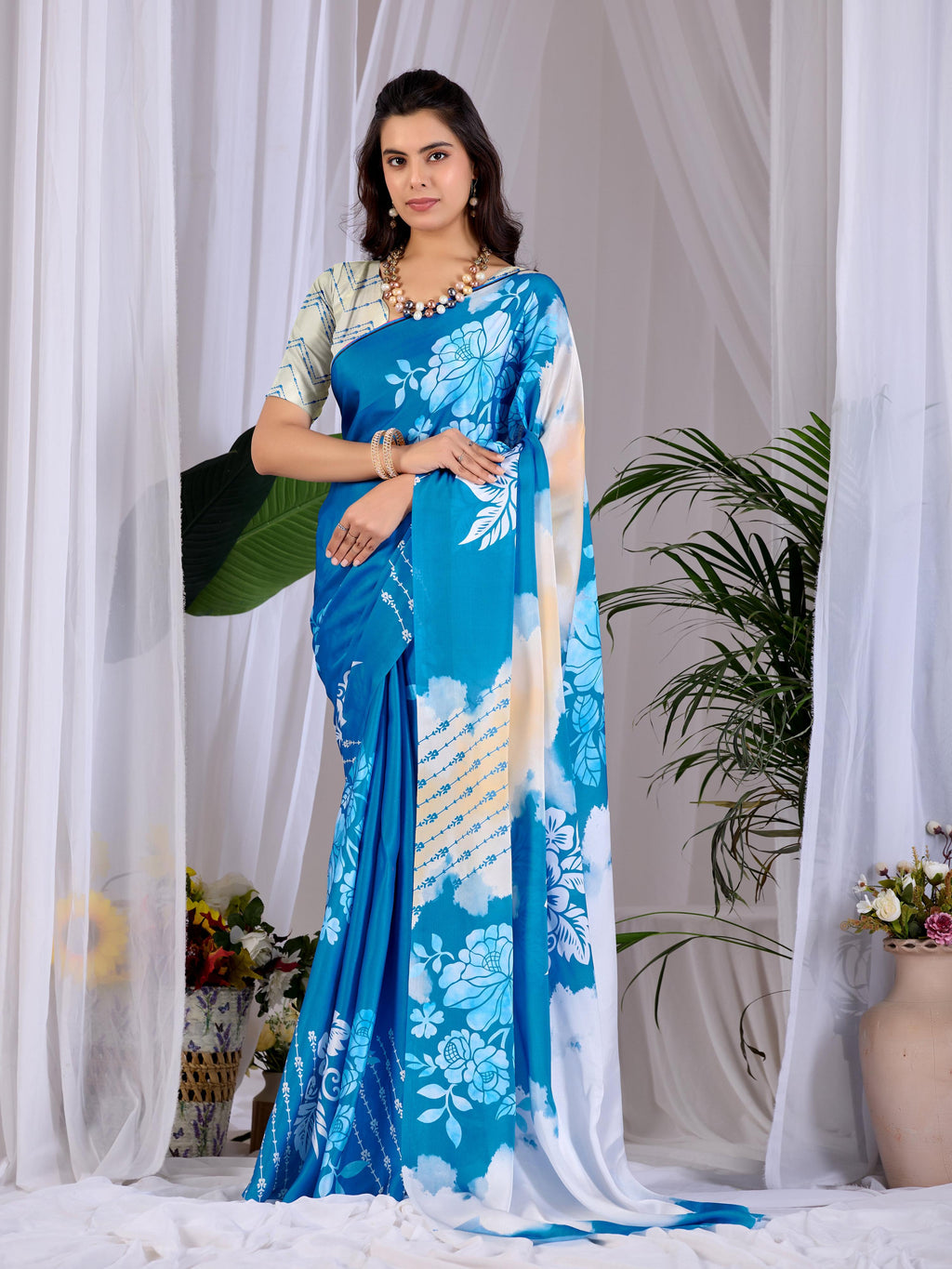 Aastha Fashion Teal Blue Soft Satin Georgette Printed Saree - Distacart