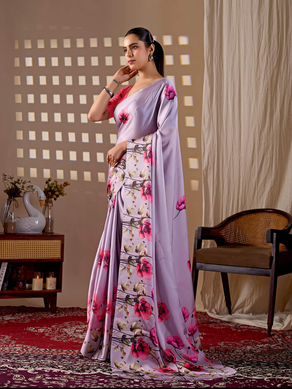 Aastha Fashion Lavender Soft Satin Georgette Printed Saree - Distacart