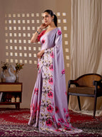 Aastha Fashion Lavender Soft Satin Georgette Printed Saree - Distacart