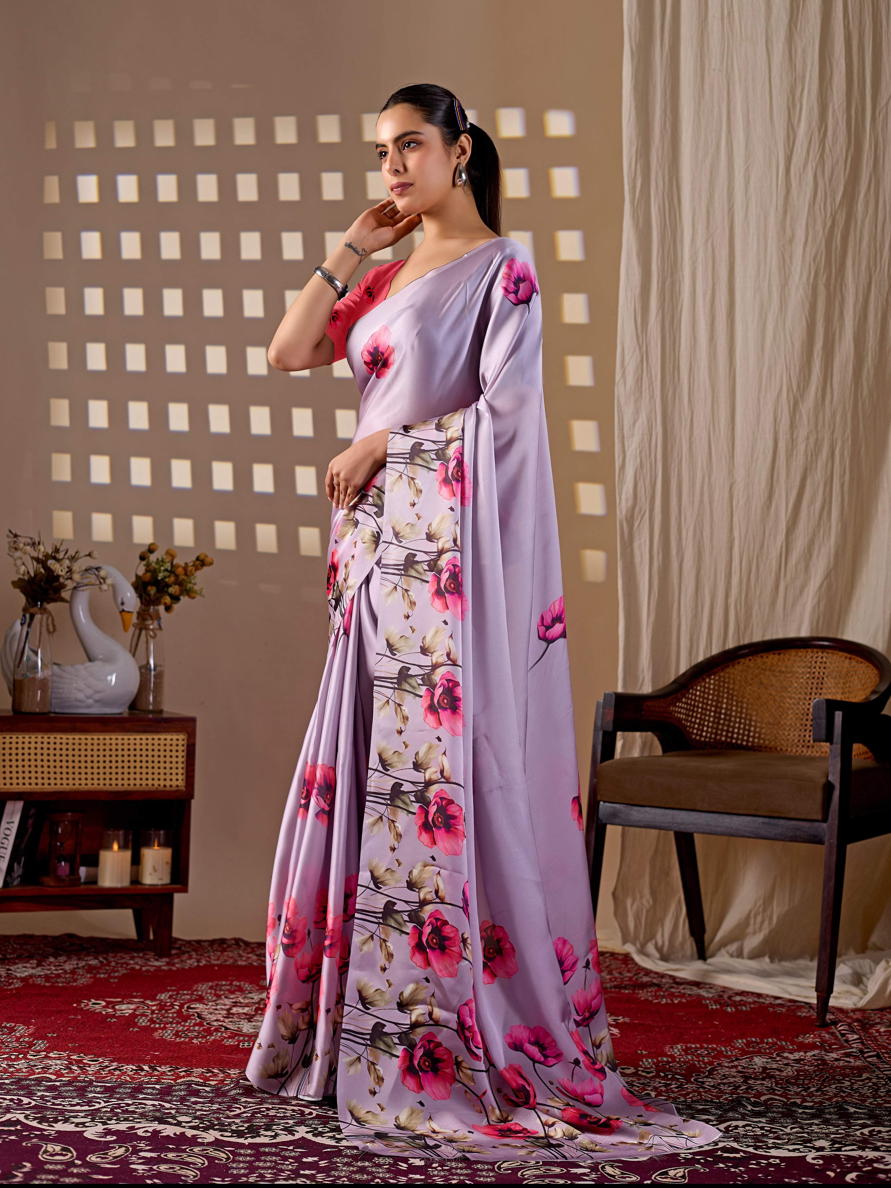 Aastha Fashion Lavender Soft Satin Georgette Printed Saree - Distacart