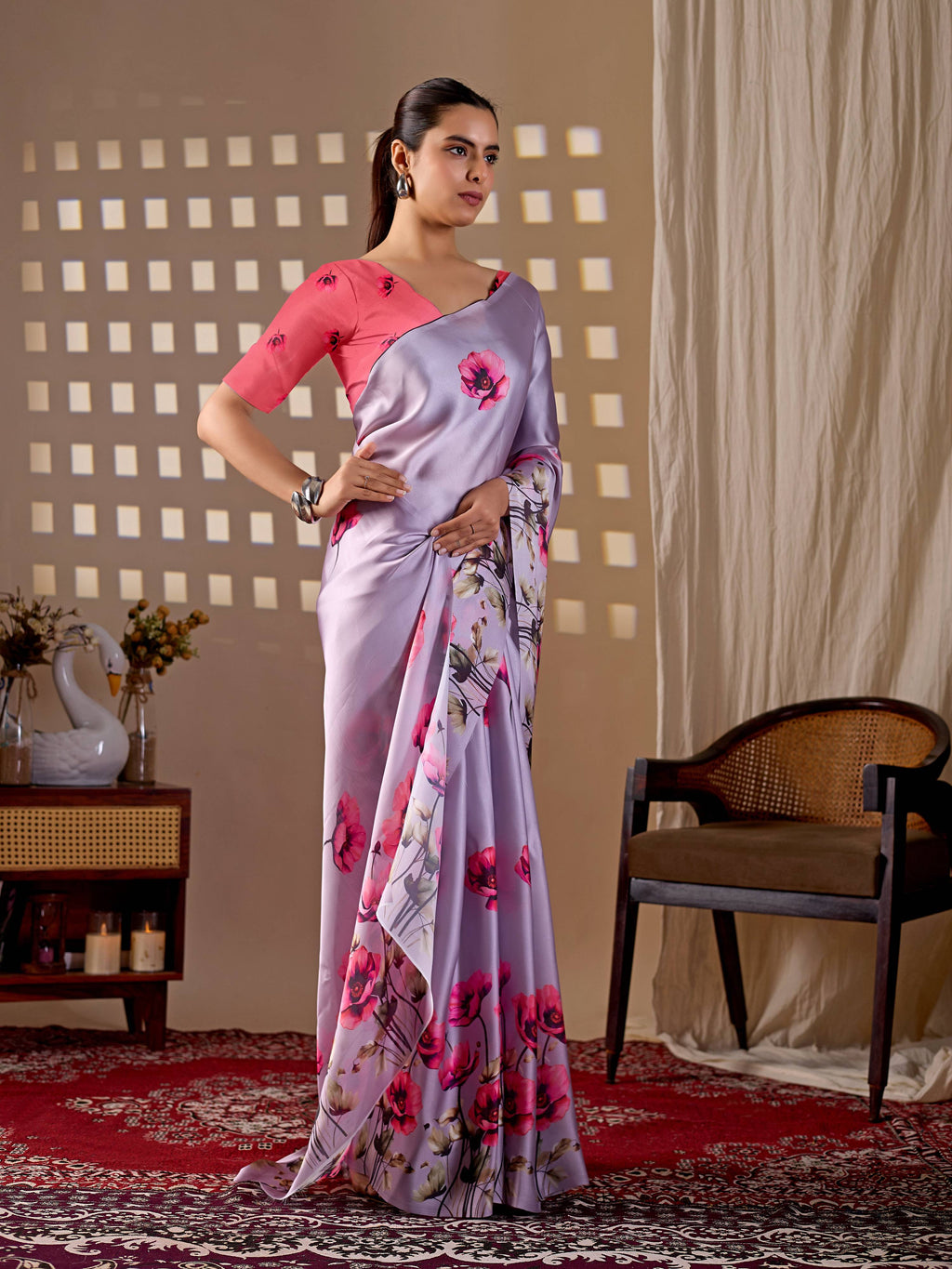 Aastha Fashion Lavender Soft Satin Georgette Printed Saree - Distacart
