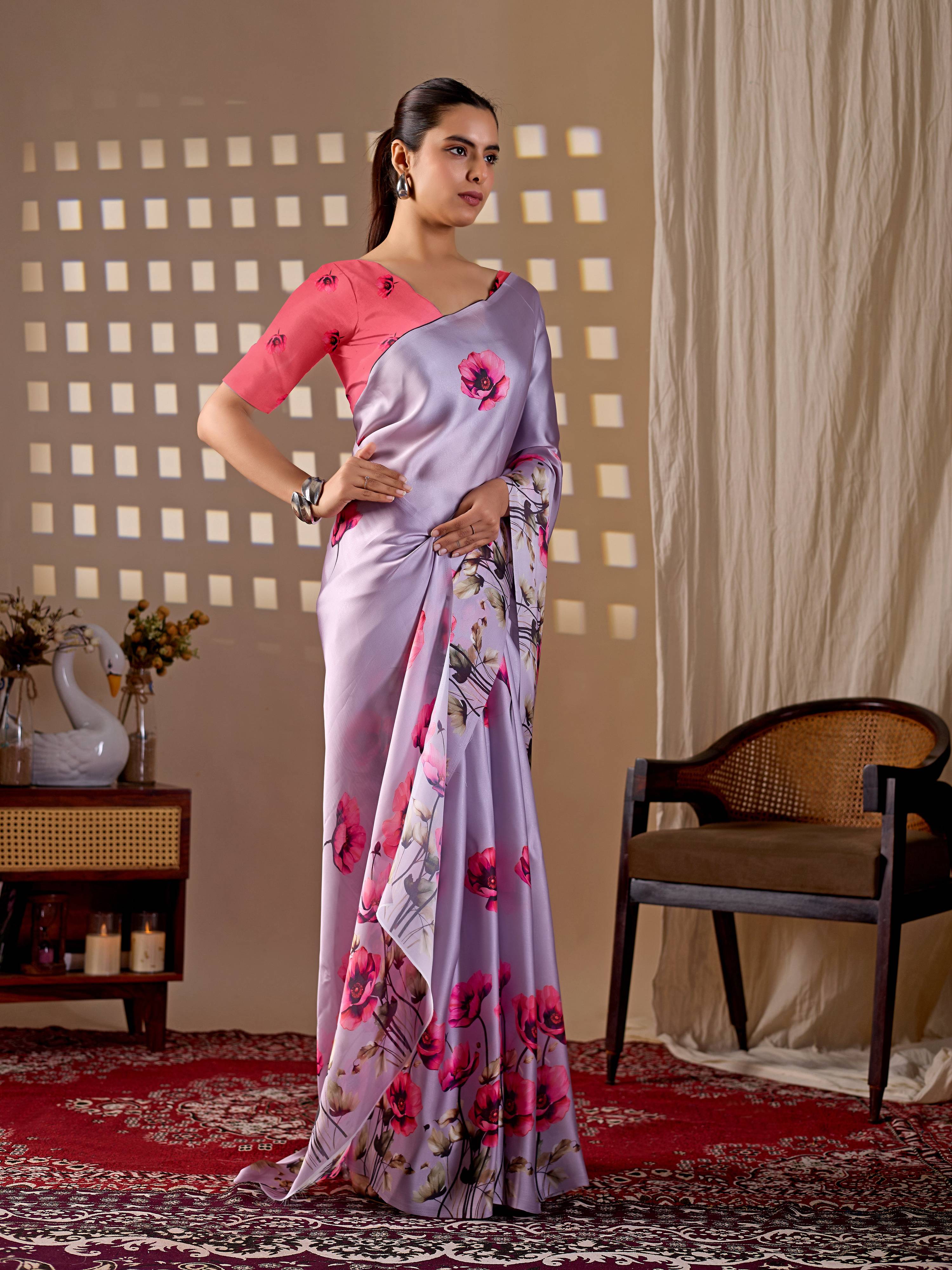 Aastha Fashion Lavender Soft Satin Georgette Printed Saree - Distacart
