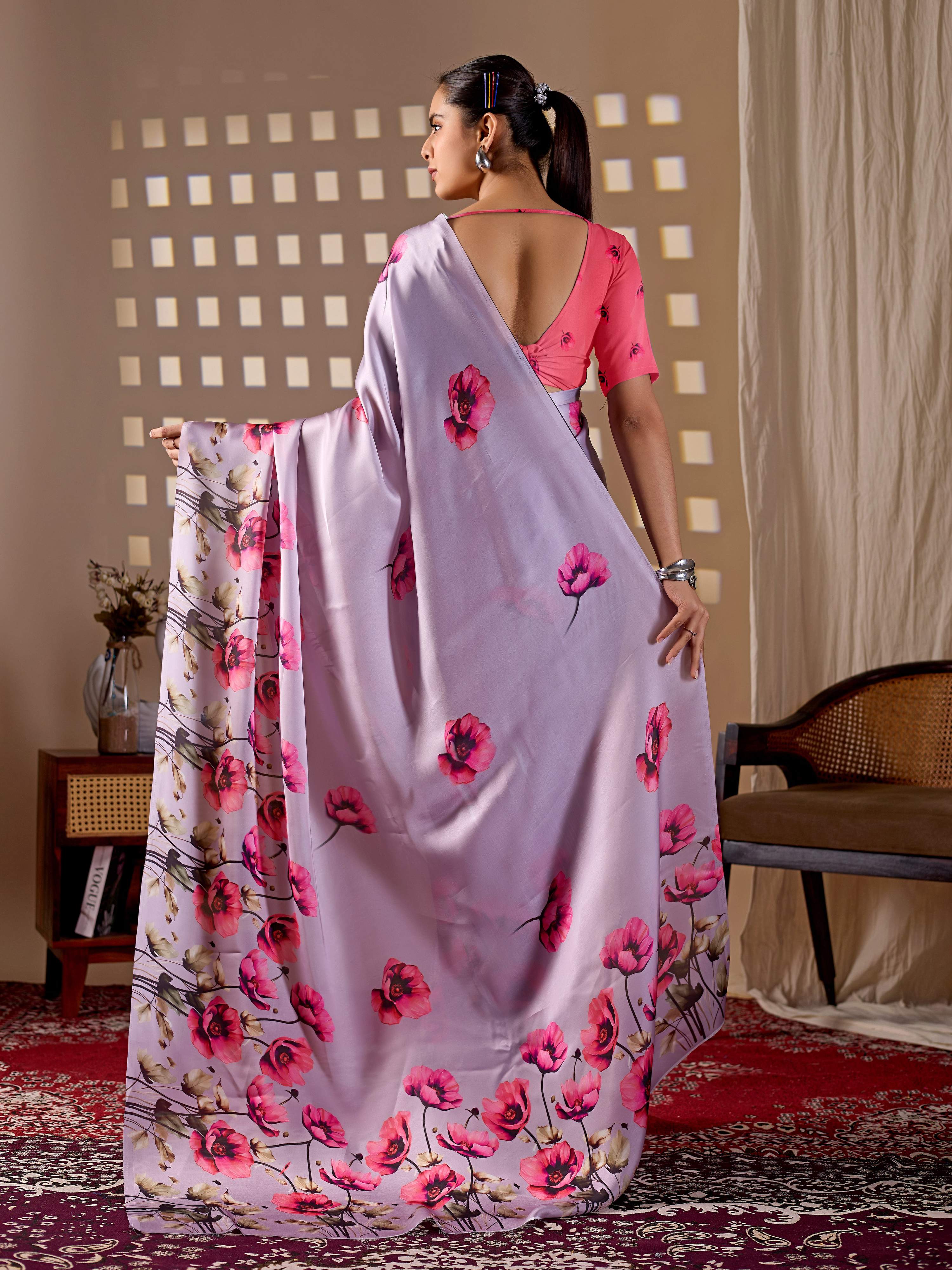 Aastha Fashion Lavender Soft Satin Georgette Printed Saree - Distacart