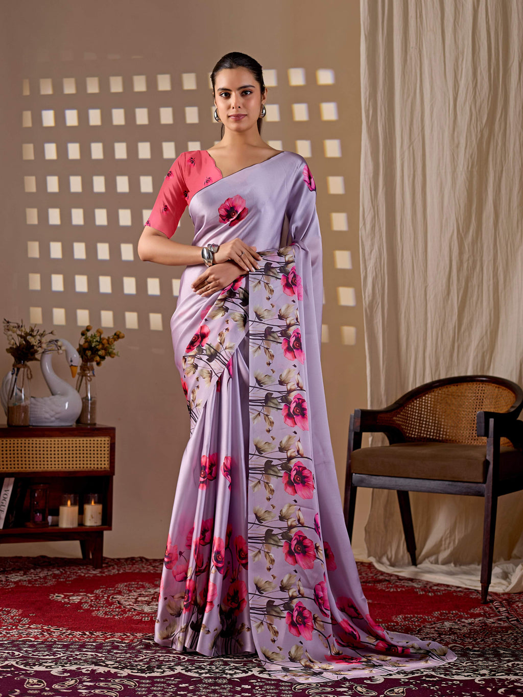 Aastha Fashion Lavender Soft Satin Georgette Printed Saree - Distacart