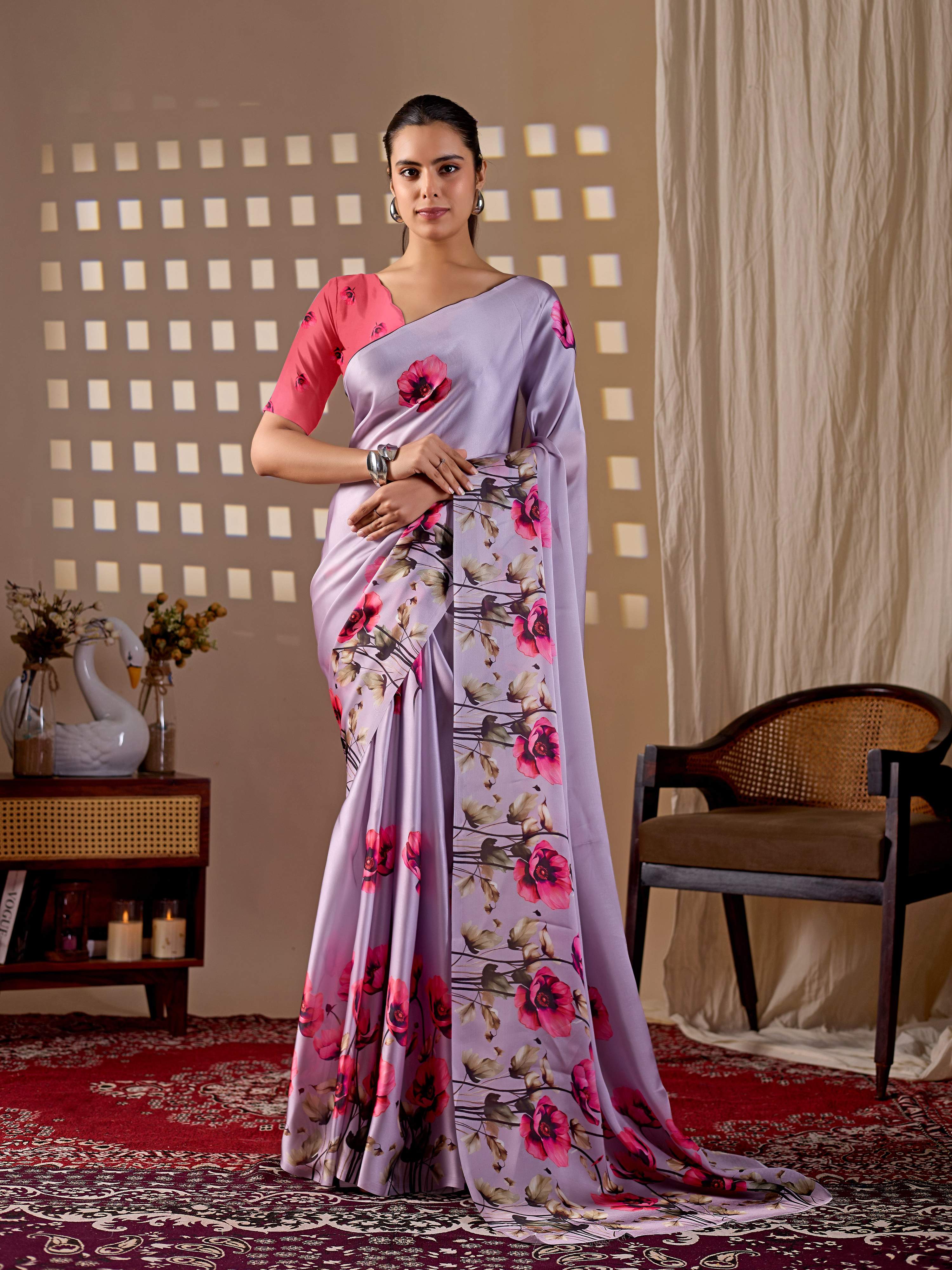 Aastha Fashion Lavender Soft Satin Georgette Printed Saree - Distacart