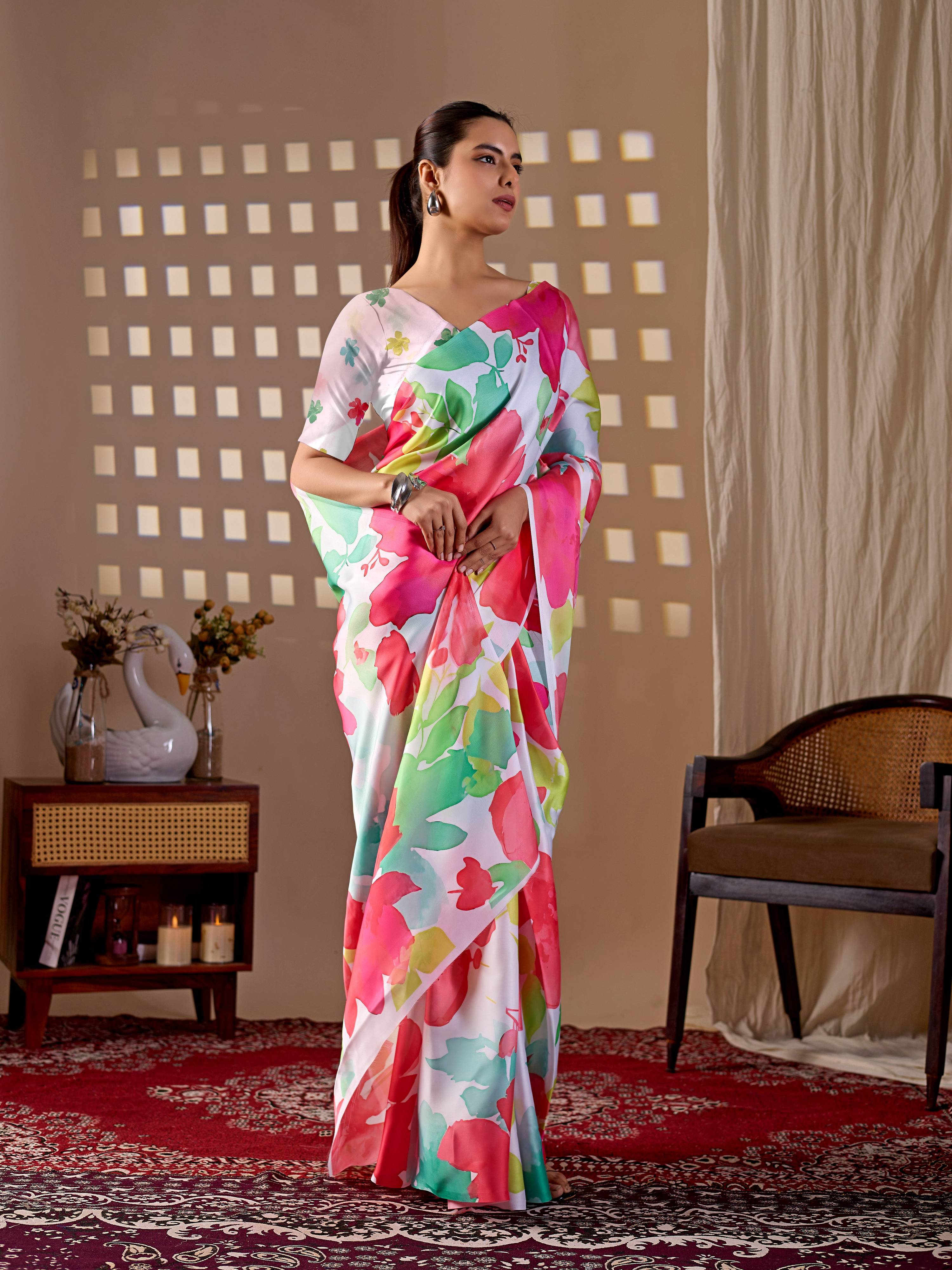 Aastha Fashion Multi Soft Satin Georgette Printed Saree - Distacart