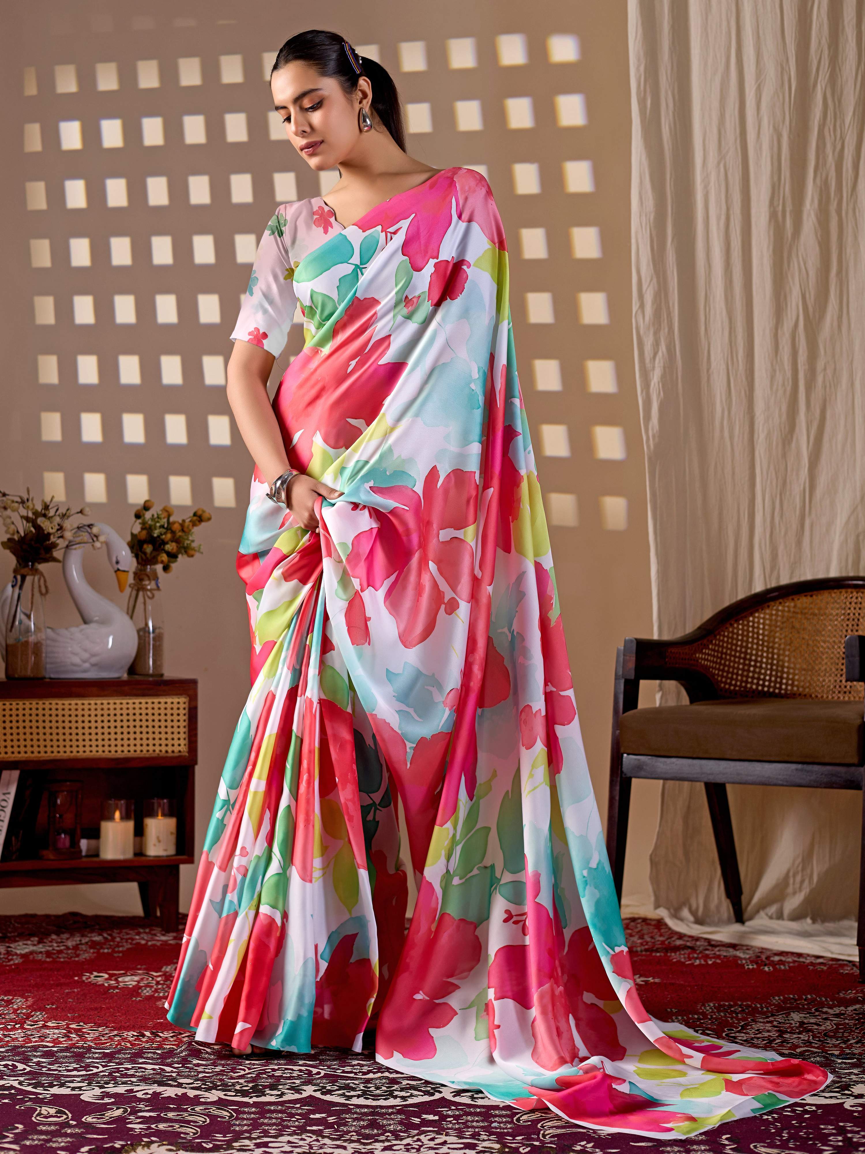 Aastha Fashion Multi Soft Satin Georgette Printed Saree - Distacart