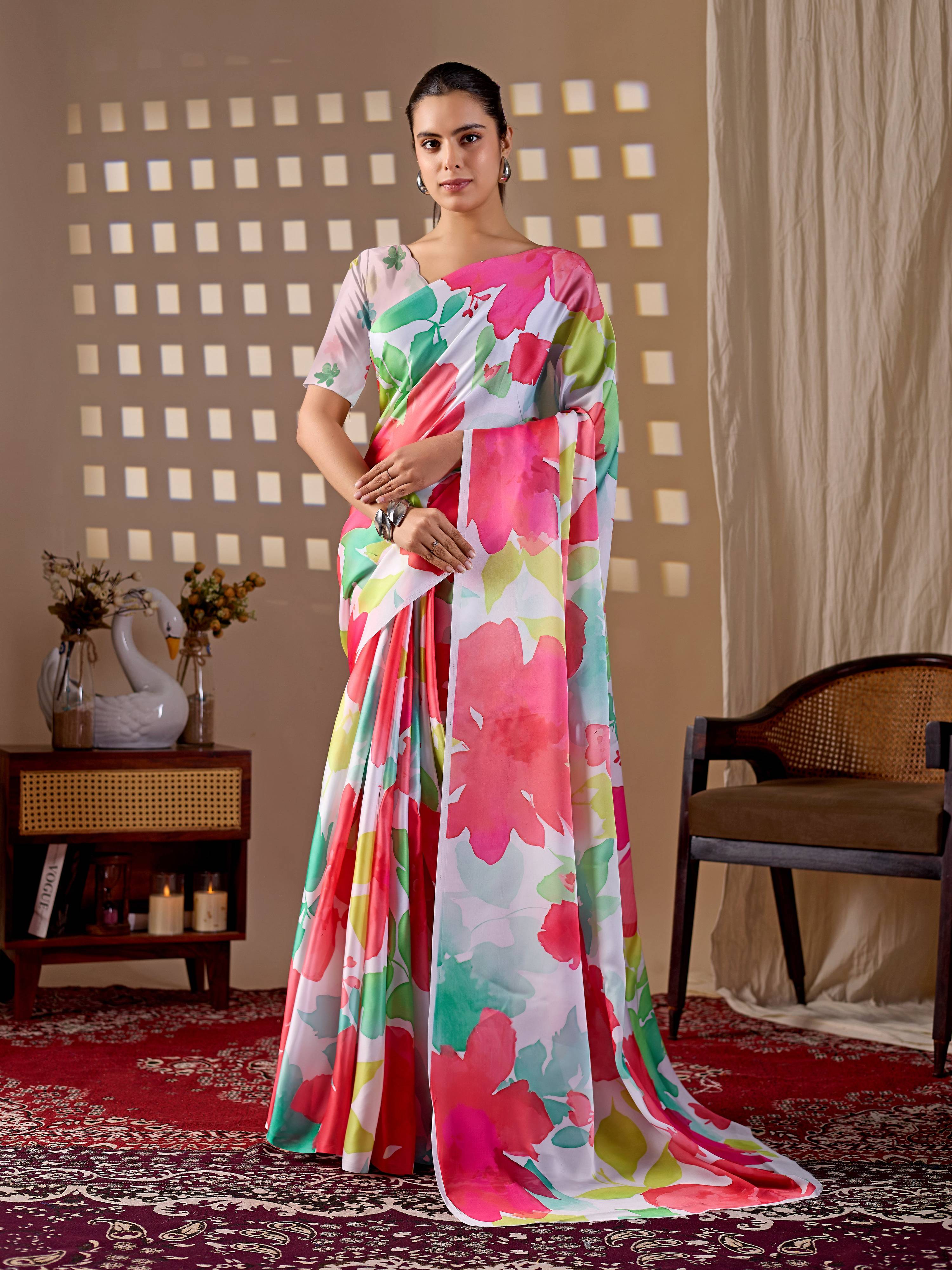 Aastha Fashion Multi Soft Satin Georgette Printed Saree - Distacart