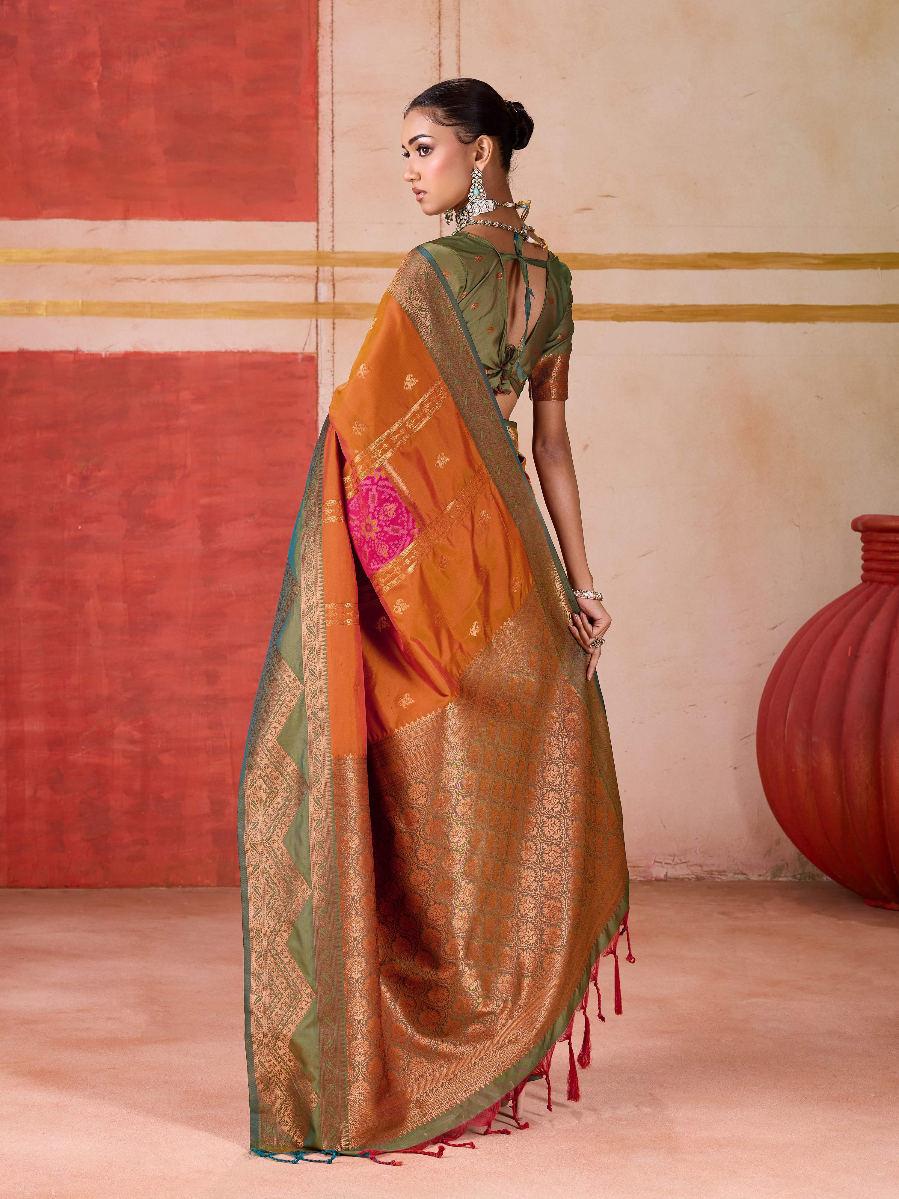 Aastha Fashion Orange Pure Silk Handloom Weaving Saree - Distacart