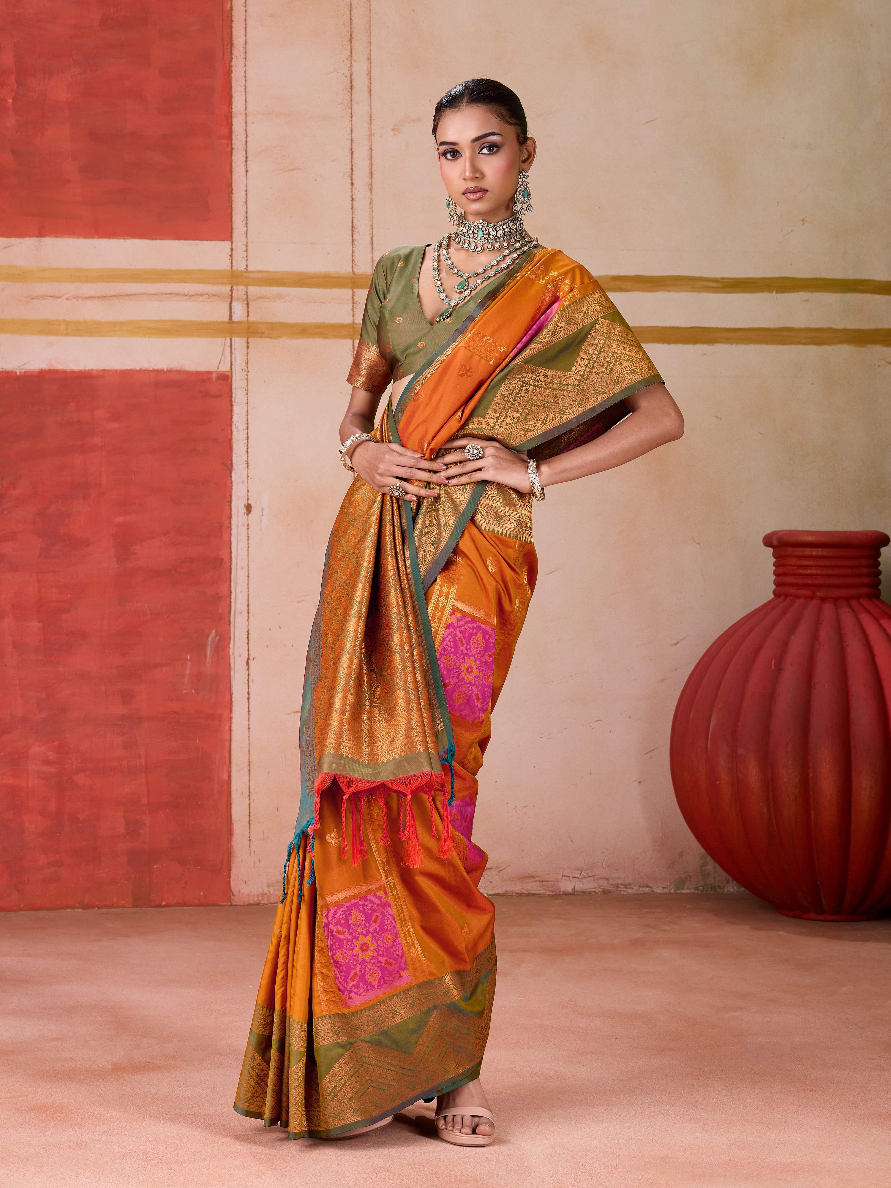 Aastha Fashion Orange Pure Silk Handloom Weaving Saree - Distacart