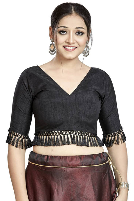 Aastha Fashion Black Art Silk V Neck Blouse