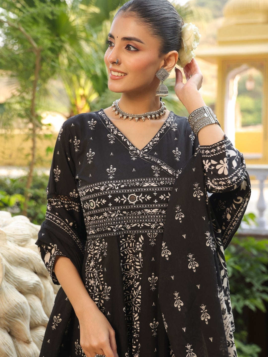Hand Embroidered & Floral Jaal Printed Angarkha Style Anarkali Kurta With Pant & Coordinated Dupatta, Black - Hiral Fashion - Distacart