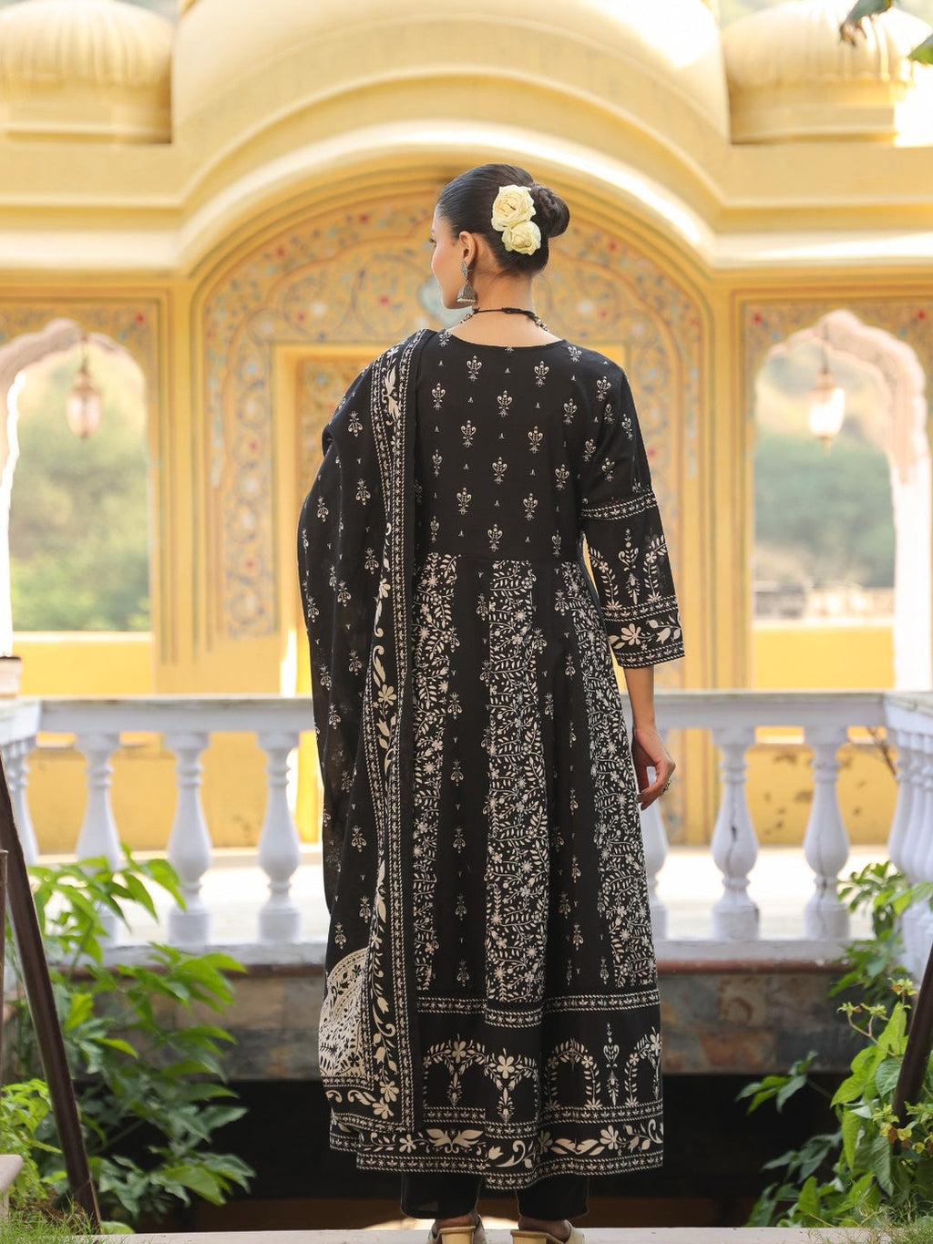 Hand Embroidered & Floral Jaal Printed Angarkha Style Anarkali Kurta With Pant & Coordinated Dupatta, Black - Hiral Fashion - Distacart