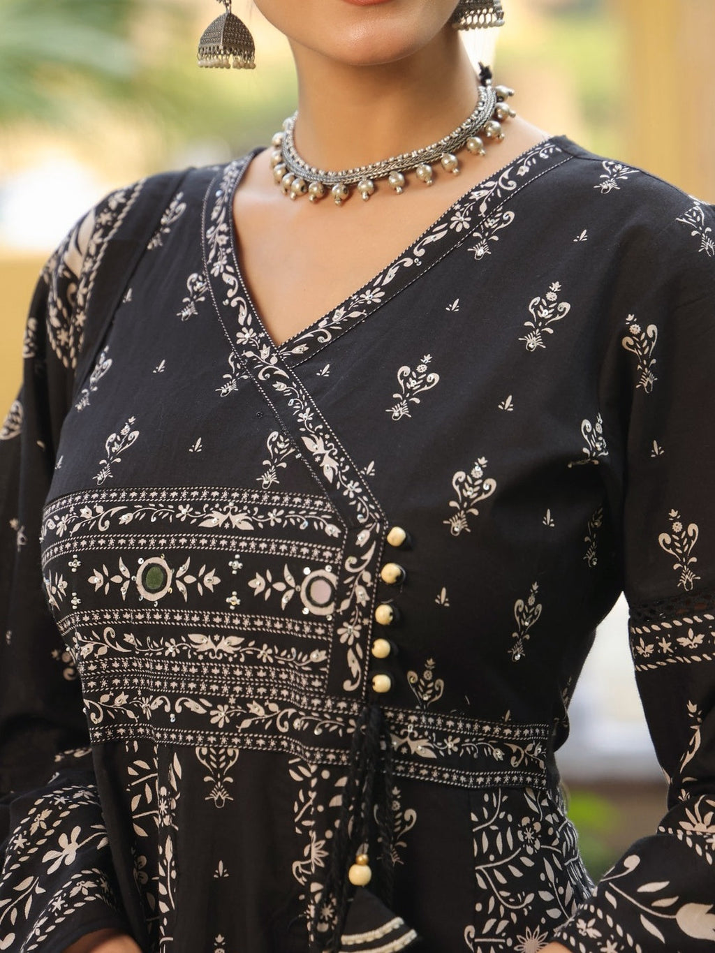 Hand Embroidered & Floral Jaal Printed Angarkha Style Anarkali Kurta With Pant & Coordinated Dupatta, Black - Hiral Fashion - Distacart