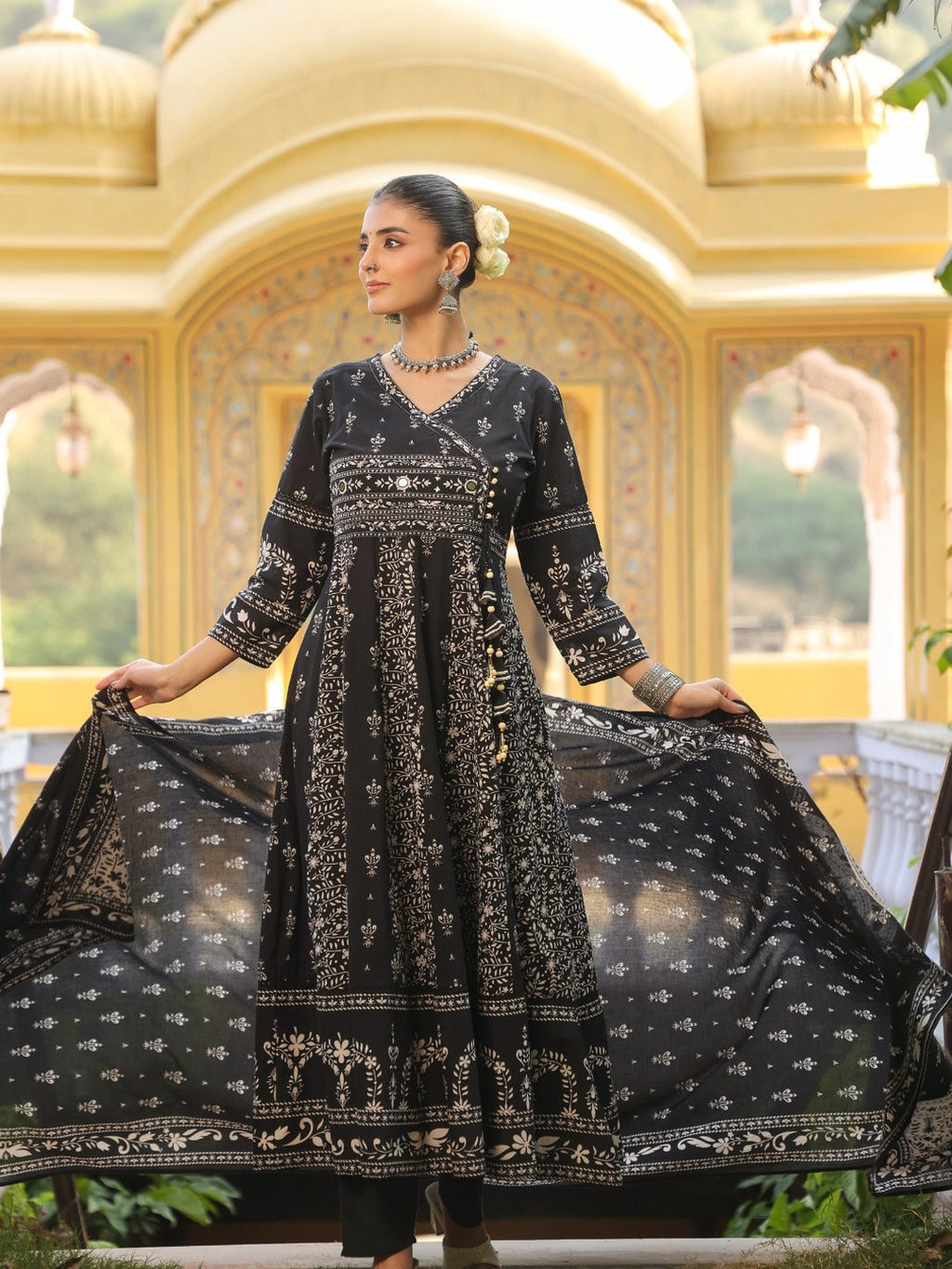 Hand Embroidered & Floral Jaal Printed Angarkha Style Anarkali Kurta With Pant & Coordinated Dupatta, Black - Hiral Fashion - Distacart