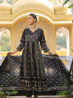 Hand Embroidered & Floral Jaal Printed Angarkha Style Anarkali Kurta With Pant & Coordinated Dupatta, Black - Hiral Fashion - Distacart
