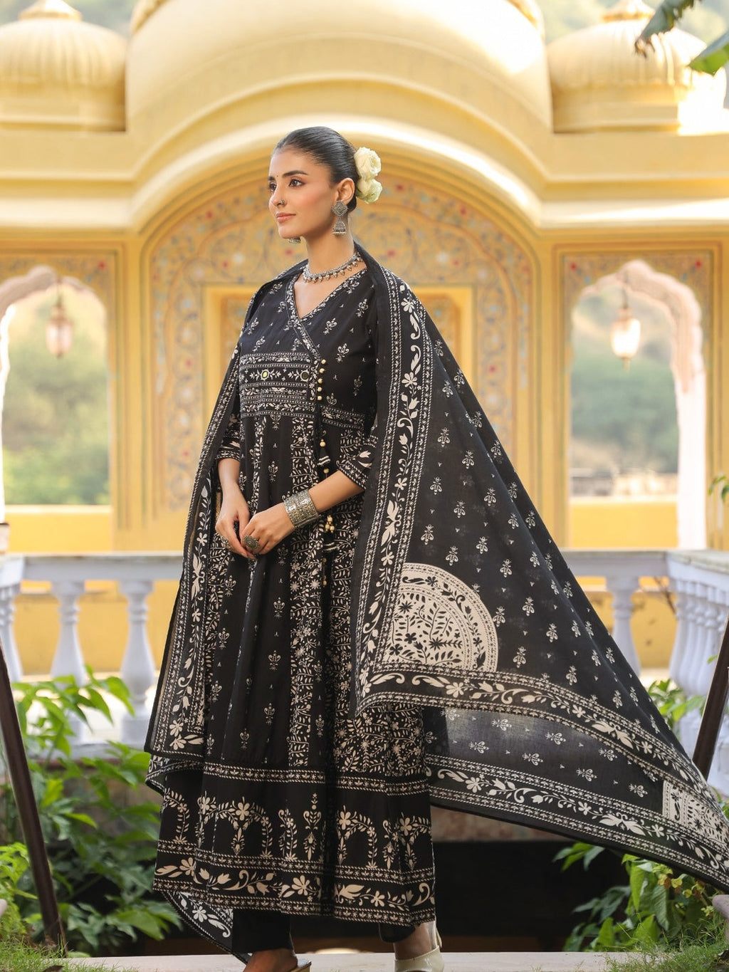 Hand Embroidered & Floral Jaal Printed Angarkha Style Anarkali Kurta With Pant & Coordinated Dupatta, Black - Hiral Fashion - Distacart