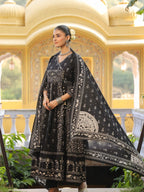 Hand Embroidered & Floral Jaal Printed Angarkha Style Anarkali Kurta With Pant & Coordinated Dupatta, Black - Hiral Fashion - Distacart