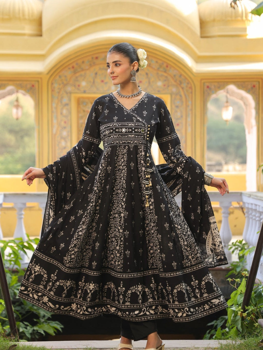 Hand Embroidered & Floral Jaal Printed Angarkha Style Anarkali Kurta With Pant & Coordinated Dupatta, Black - Hiral Fashion - Distacart