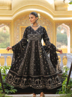 Hand Embroidered & Floral Jaal Printed Angarkha Style Anarkali Kurta With Pant & Coordinated Dupatta, Black - Hiral Fashion - Distacart