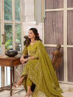 Hand Embroidered & Floral Jaal Printed Angarkha Style Anarkali Kurta With Pant & Coordinated Dupatta, Olive - Hiral Fashion - Distacart