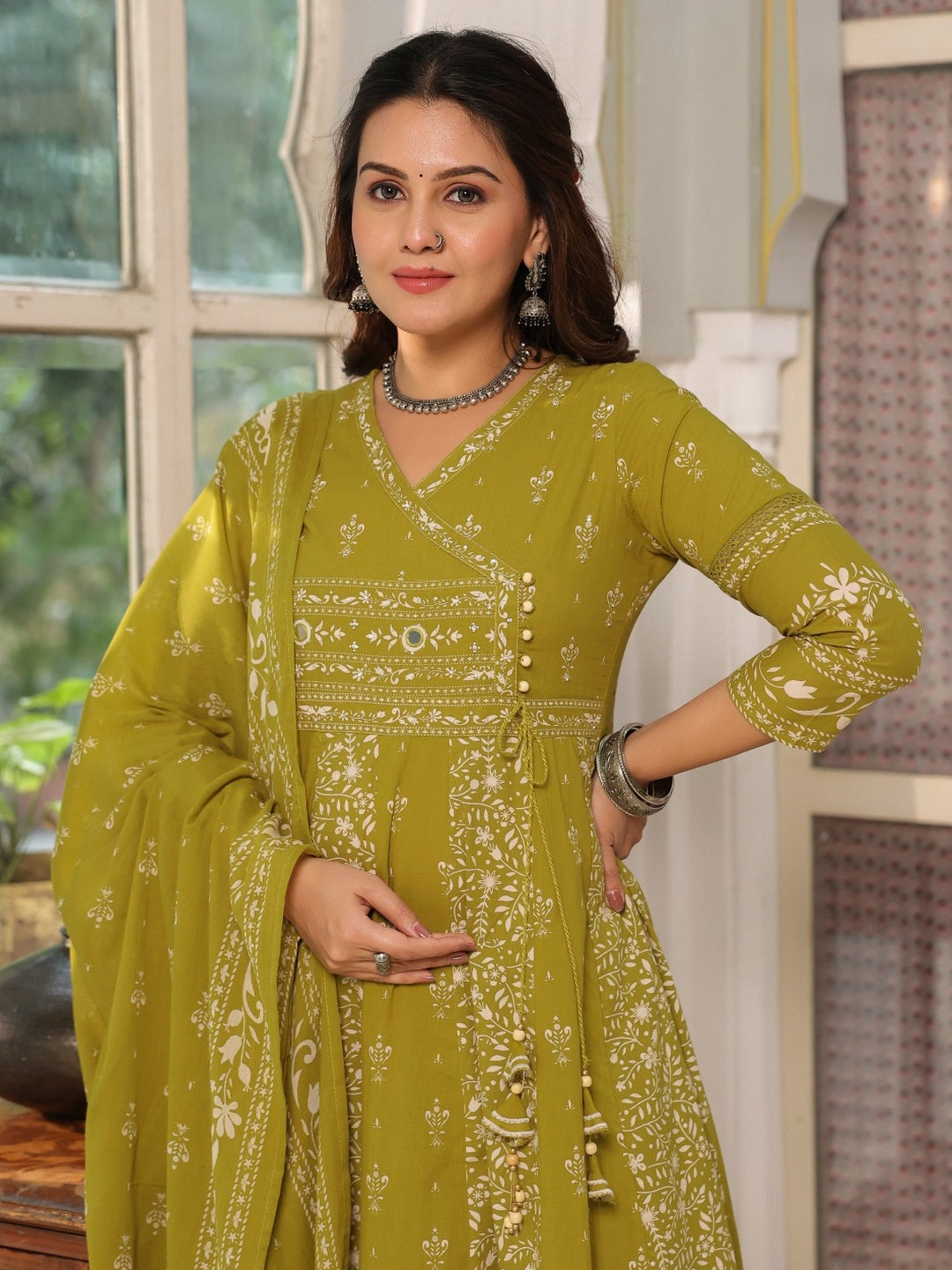 Hand Embroidered & Floral Jaal Printed Angarkha Style Anarkali Kurta With Pant & Coordinated Dupatta, Olive - Hiral Fashion - Distacart