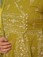 Hand Embroidered & Floral Jaal Printed Angarkha Style Anarkali Kurta With Pant & Coordinated Dupatta, Olive - Hiral Fashion - Distacart
