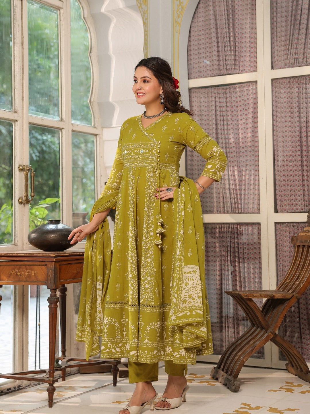 Hand Embroidered & Floral Jaal Printed Angarkha Style Anarkali Kurta With Pant & Coordinated Dupatta, Olive - Hiral Fashion - Distacart