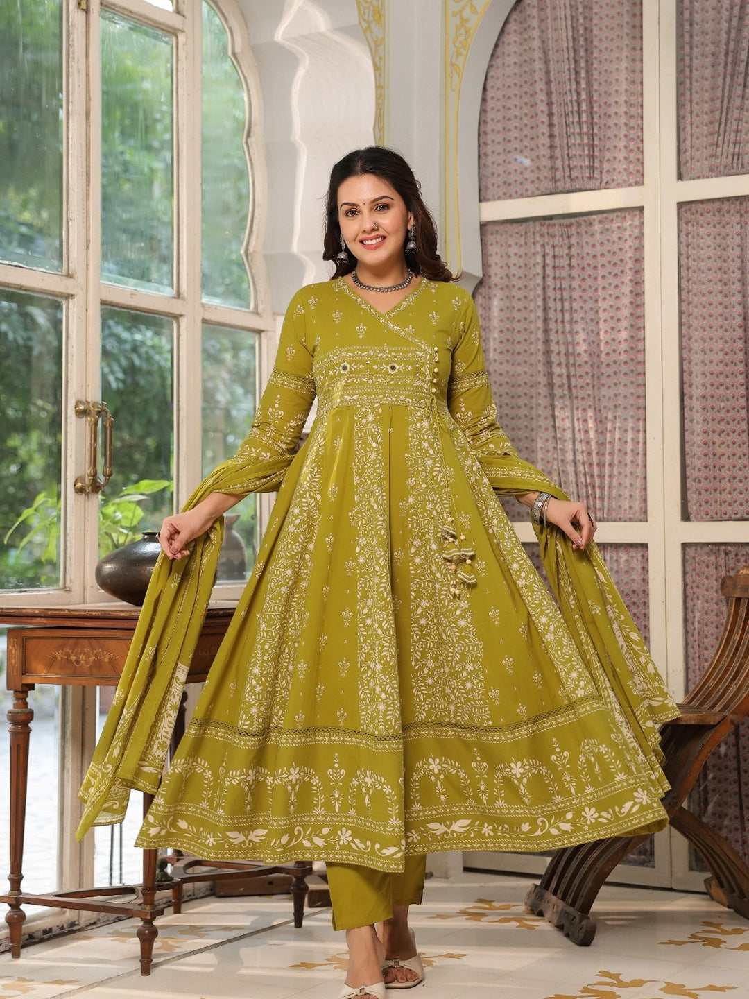Hand Embroidered & Floral Jaal Printed Angarkha Style Anarkali Kurta With Pant & Coordinated Dupatta, Olive - Hiral Fashion - Distacart