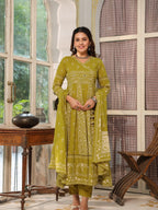 Hand Embroidered & Floral Jaal Printed Angarkha Style Anarkali Kurta With Pant & Coordinated Dupatta, Olive - Hiral Fashion - Distacart
