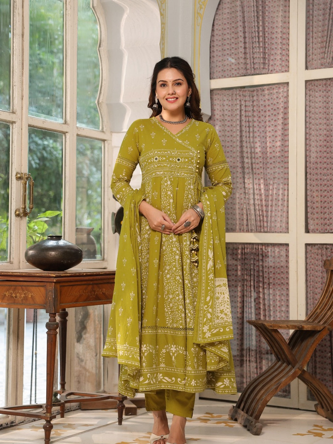 Hand Embroidered & Floral Jaal Printed Angarkha Style Anarkali Kurta With Pant & Coordinated Dupatta, Olive - Hiral Fashion - Distacart
