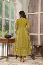 Hand Embroidered & Floral Jaal Printed Angarkha Style Anarkali Kurta With Pant & Coordinated Dupatta, Olive - Hiral Fashion - Distacart
