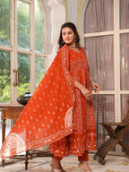 Hand Embroidered & Floral Jaal Printed Angarkha Style Anarkali Kurta With Pant & Coordinated Dupatta, Orange - Hiral Fashion - Distacart