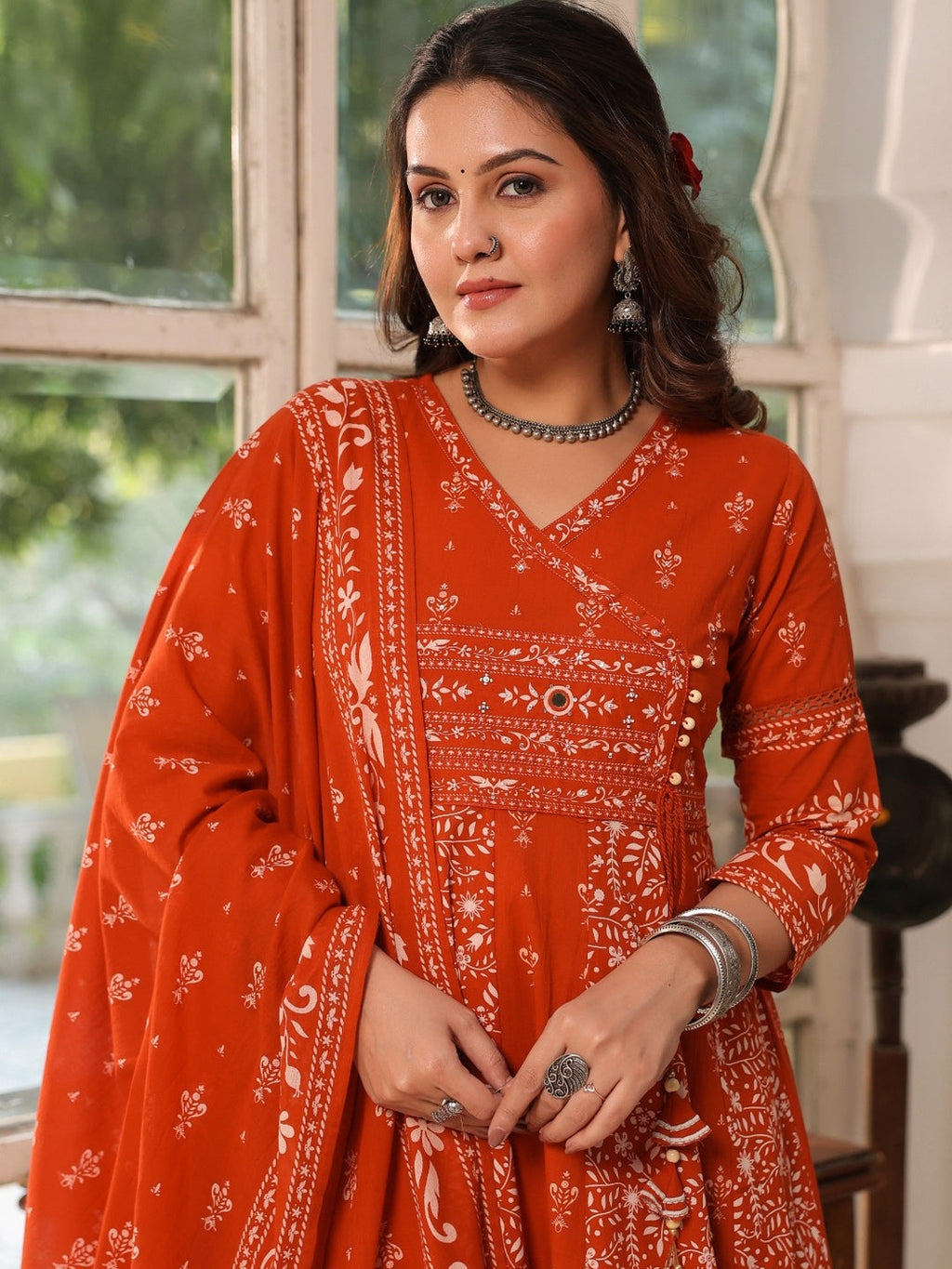 Hand Embroidered & Floral Jaal Printed Angarkha Style Anarkali Kurta With Pant & Coordinated Dupatta, Orange - Hiral Fashion - Distacart