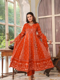 Hand Embroidered & Floral Jaal Printed Angarkha Style Anarkali Kurta With Pant & Coordinated Dupatta, Orange - Hiral Fashion - Distacart