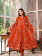 Hand Embroidered & Floral Jaal Printed Angarkha Style Anarkali Kurta With Pant & Coordinated Dupatta, Orange - Hiral Fashion - Distacart
