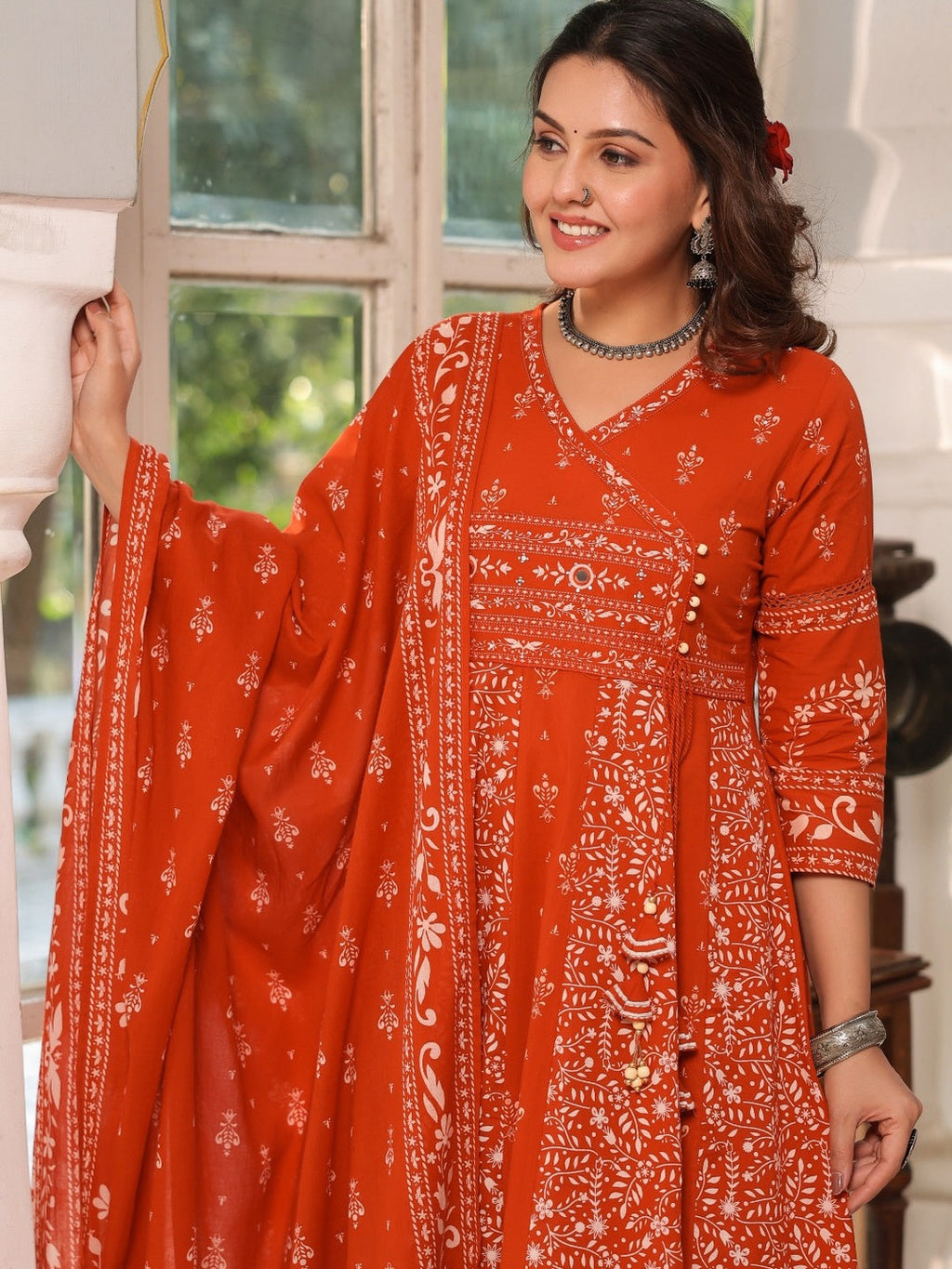 Hand Embroidered & Floral Jaal Printed Angarkha Style Anarkali Kurta With Pant & Coordinated Dupatta, Orange - Hiral Fashion - Distacart