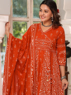 Hand Embroidered & Floral Jaal Printed Angarkha Style Anarkali Kurta With Pant & Coordinated Dupatta, Orange - Hiral Fashion - Distacart