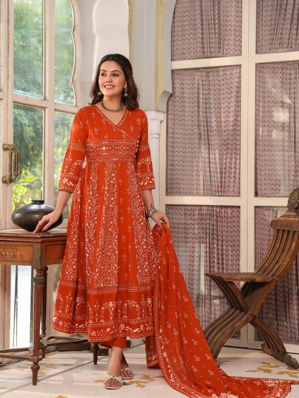 Hand Embroidered & Floral Jaal Printed Angarkha Style Anarkali Kurta With Pant & Coordinated Dupatta, Orange - Hiral Fashion - Distacart