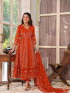 Hand Embroidered & Floral Jaal Printed Angarkha Style Anarkali Kurta With Pant & Coordinated Dupatta, Orange - Hiral Fashion - Distacart