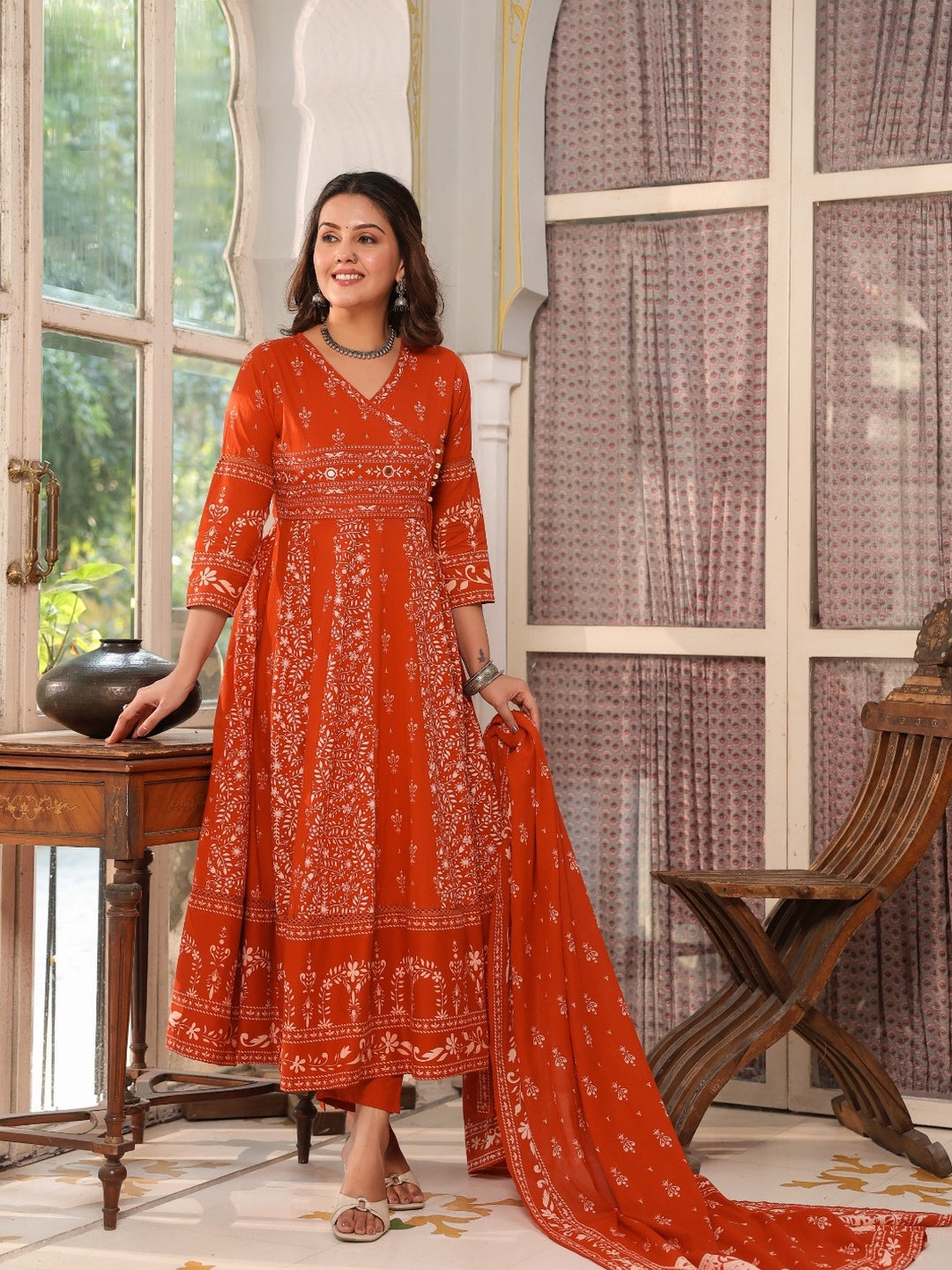 Hand Embroidered & Floral Jaal Printed Angarkha Style Anarkali Kurta With Pant & Coordinated Dupatta, Orange - Hiral Fashion - Distacart