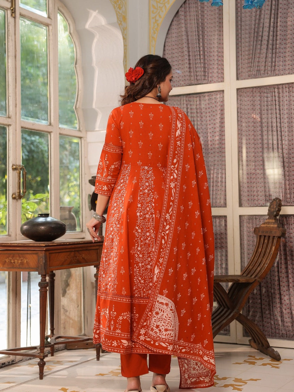 Hand Embroidered & Floral Jaal Printed Angarkha Style Anarkali Kurta With Pant & Coordinated Dupatta, Orange - Hiral Fashion - Distacart