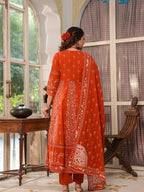 Hand Embroidered & Floral Jaal Printed Angarkha Style Anarkali Kurta With Pant & Coordinated Dupatta, Orange - Hiral Fashion - Distacart