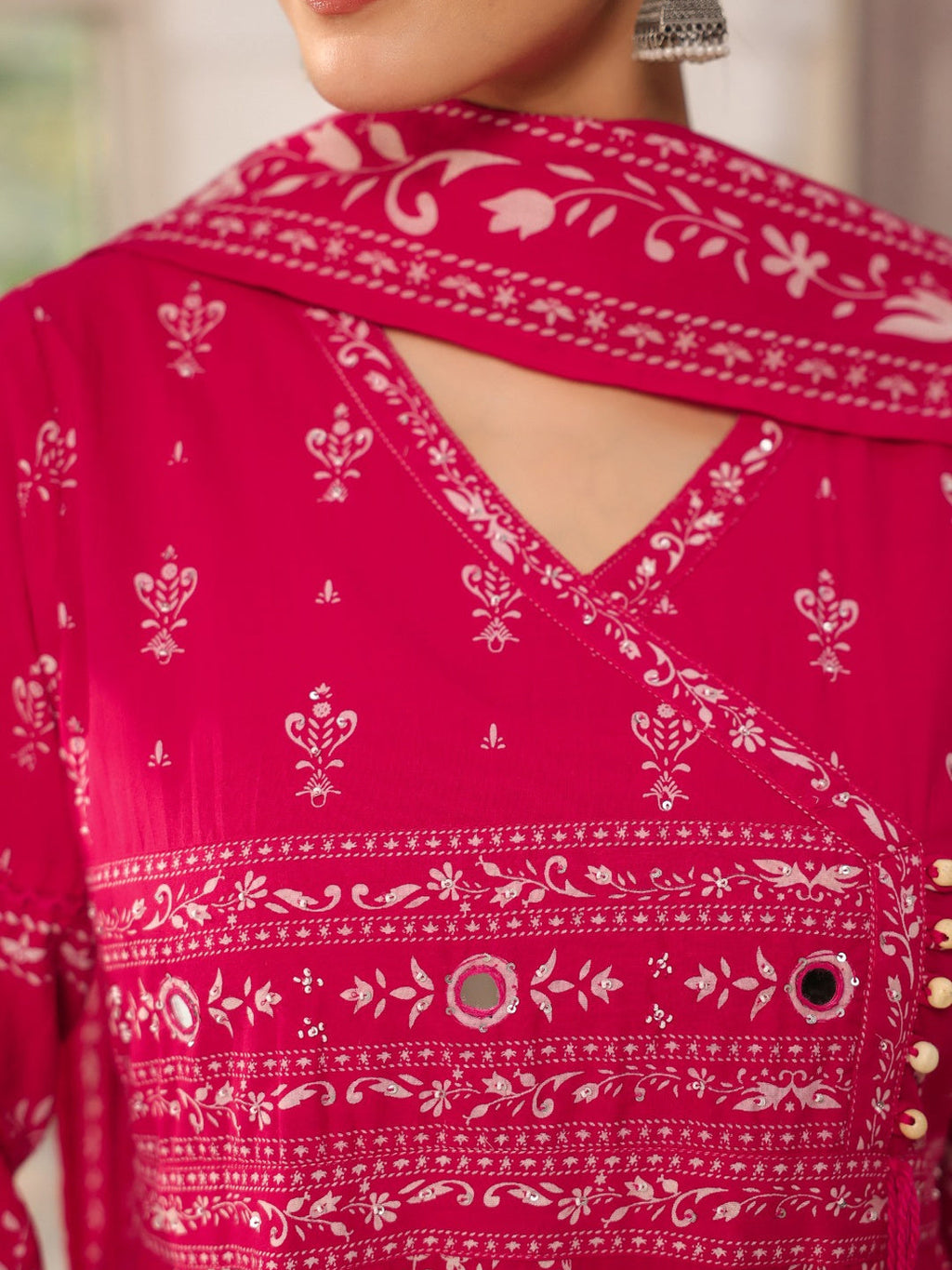 Hand Embroidered & Floral Jaal Printed Angarkha Style Anarkali Kurta With Pant & Coordinated Dupatta, Rani - Hiral Fashion - Distacart