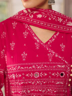 Hand Embroidered & Floral Jaal Printed Angarkha Style Anarkali Kurta With Pant & Coordinated Dupatta, Rani - Hiral Fashion - Distacart