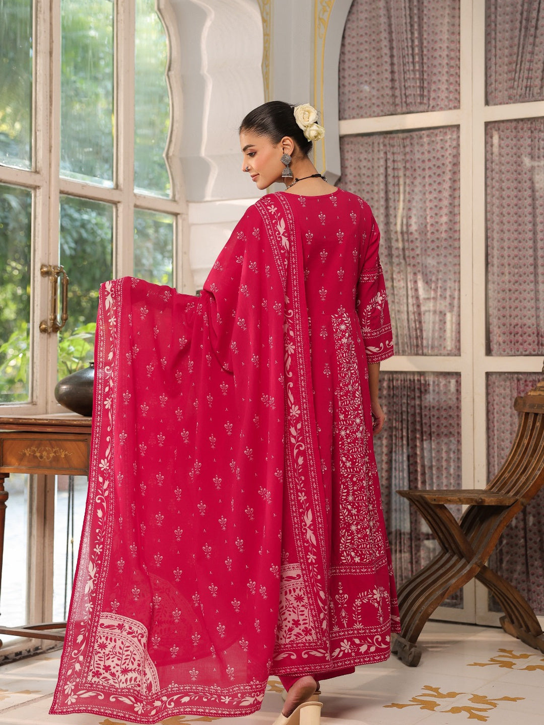 Hand Embroidered & Floral Jaal Printed Angarkha Style Anarkali Kurta With Pant & Coordinated Dupatta, Rani - Hiral Fashion - Distacart