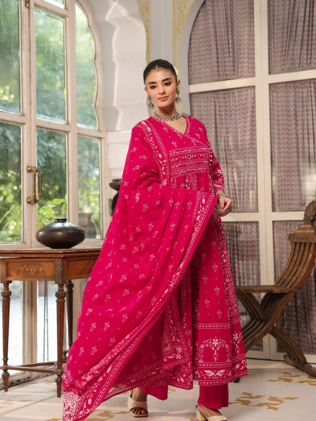 Hand Embroidered & Floral Jaal Printed Angarkha Style Anarkali Kurta With Pant & Coordinated Dupatta, Rani - Hiral Fashion - Distacart