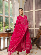 Hand Embroidered & Floral Jaal Printed Angarkha Style Anarkali Kurta With Pant & Coordinated Dupatta, Rani - Hiral Fashion - Distacart